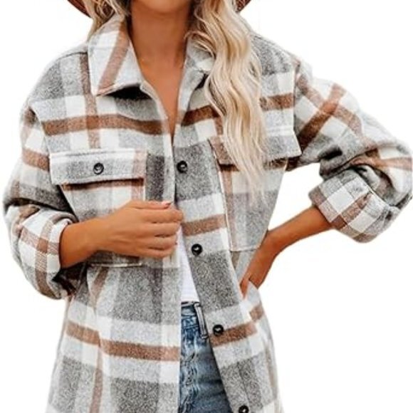 Womens Casual Wool‎ Blend Plaid Flannel Shackets Jacket Button Down Shirt Coat - Picture 1 of 5